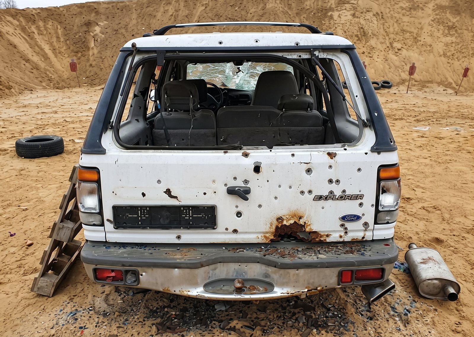 Beschossenes Übungsfahrzeug von hinten auf einem Schießgelände
